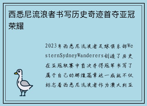 西悉尼流浪者书写历史奇迹首夺亚冠荣耀